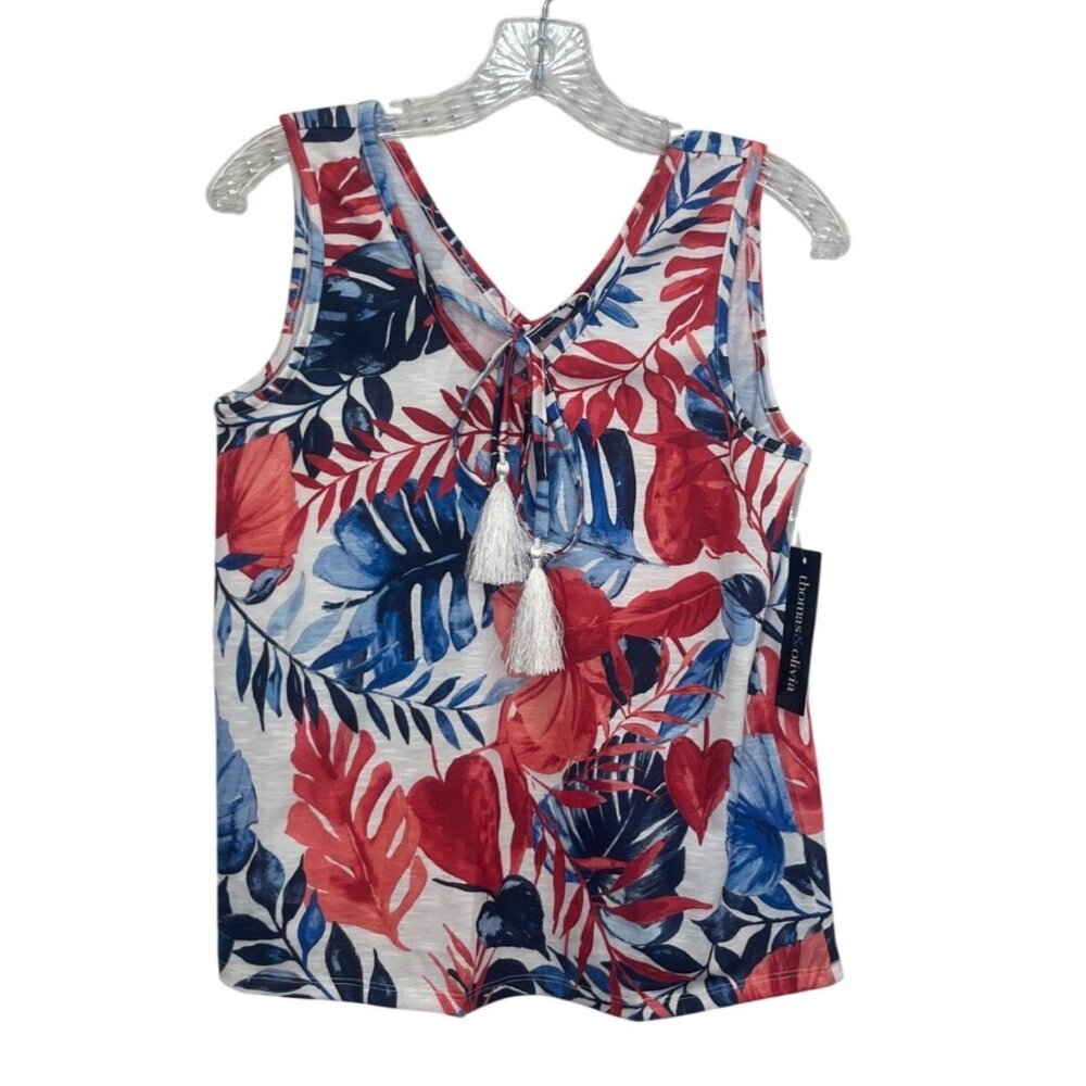 Thomas & Olivia V-Neck Tank Top Desert Flower Small Red Blue New Tassel Tie